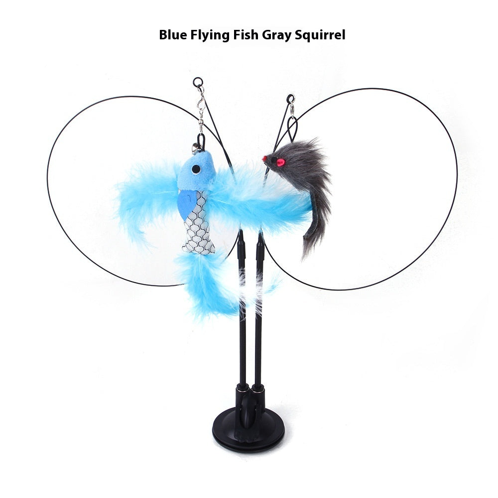 Cat sucker teaser toy with blue flying fish body silver mesh and gray squirrel head with red eyes feathered tails