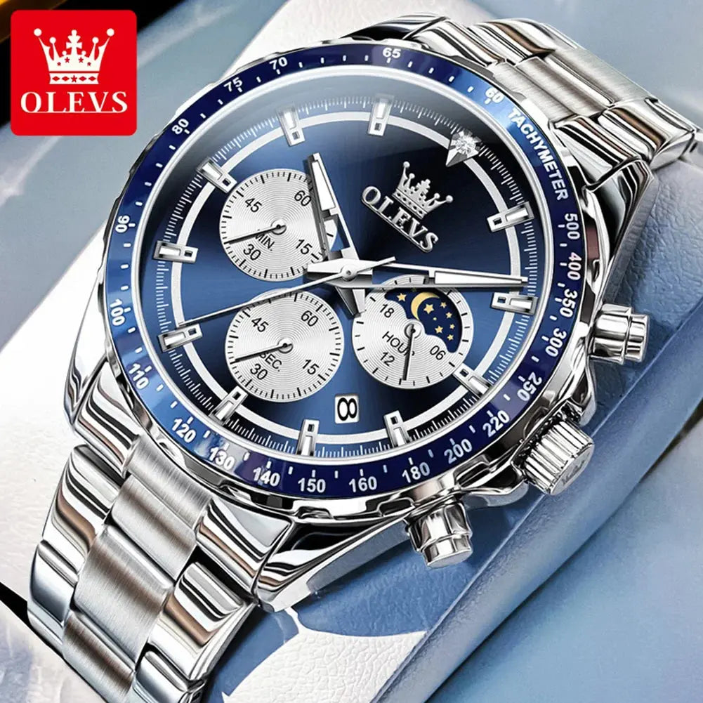 OLEVS 2945 Quartz Watch – Stainless Steel, Moon Phase, 3 Bar - Winter Seller Hub