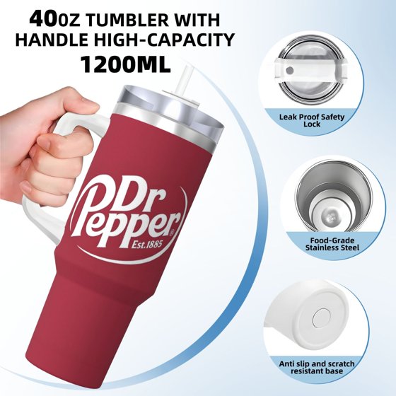 Dr Pepper 40oz Insulated Tumbler with Handle & Straw | Stainless Steel Travel Cup