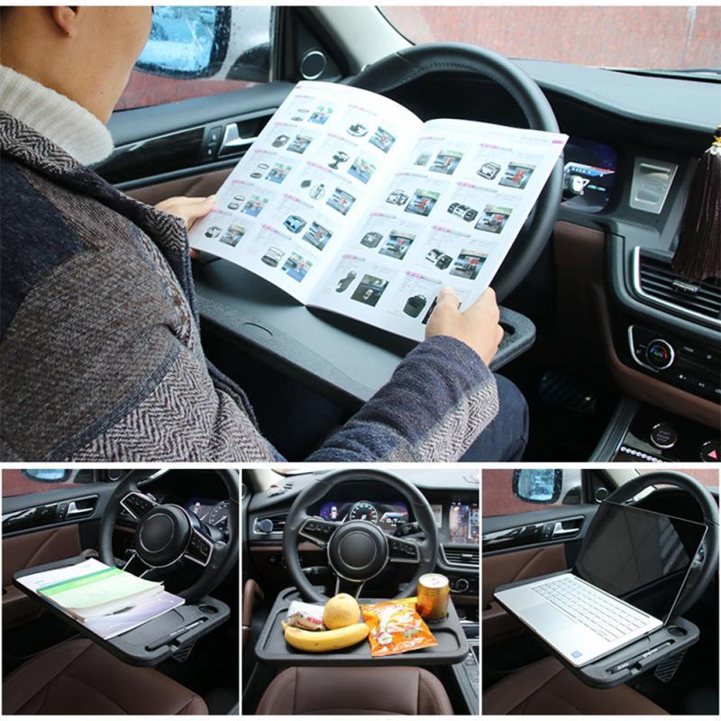 Black plastic car steering wheel tray with adjustable clip and built-in pen holder for universal portable use