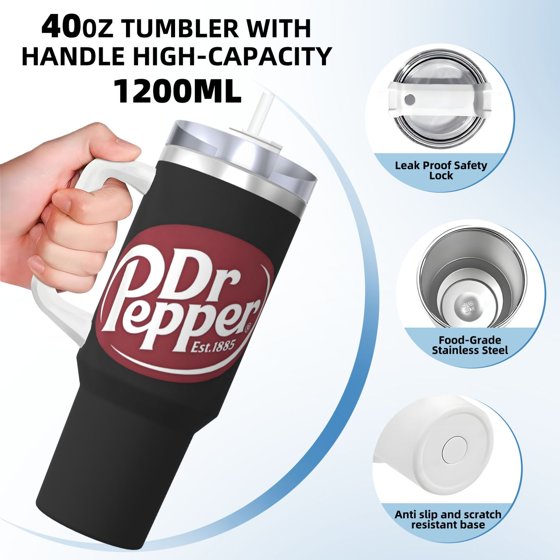 Dr Pepper 40oz Insulated Tumbler with Handle & Straw | Stainless Steel Travel Cup