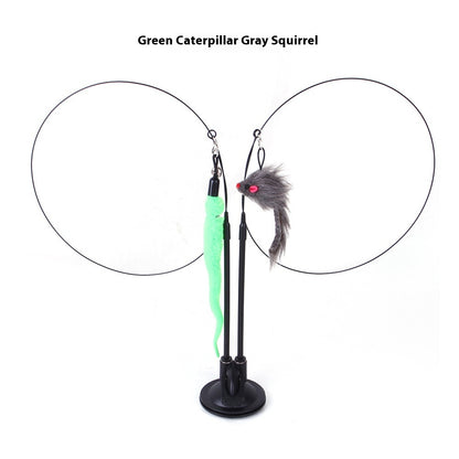 Black cat toy stand with two hanging interactive toys a green caterpillar and a gray squirrel cat sucker teaser toy