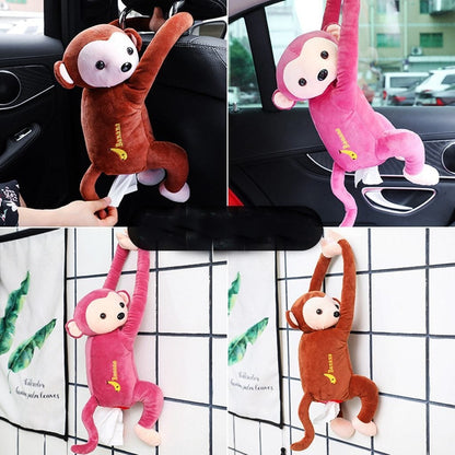 Plush hanging monkey tissue holder in brown or pink with soft fabric body embroidered details and white feet