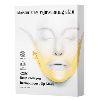 White box packaging of koec deep collagen retinol boost-up collagen lifting face mask with golden face mask illustration and black text
