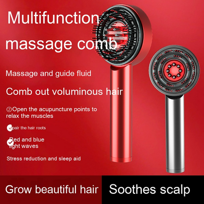 Red and silver multifunction massage comb with led light therapy for hair growth and scalp soothing