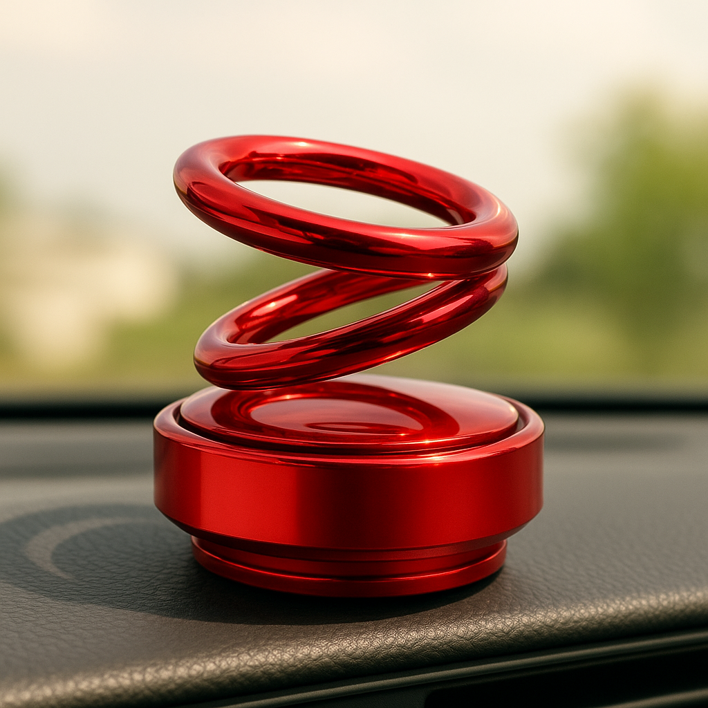 Red metallic spiral spring car ornament featured in auto rotation car air freshener double ring design