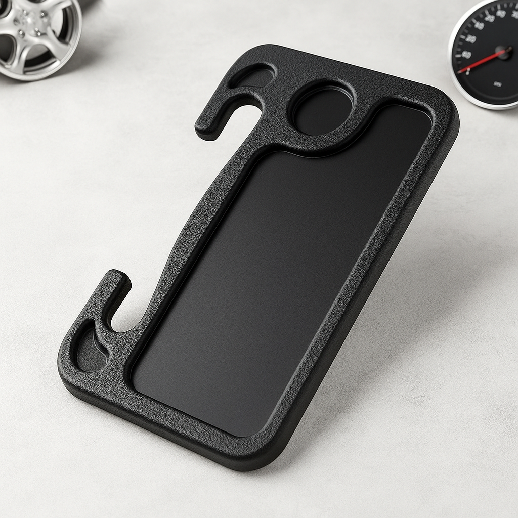 Black textured car steering wheel tray phone case with integrated tool slots and circular cutout for universal use