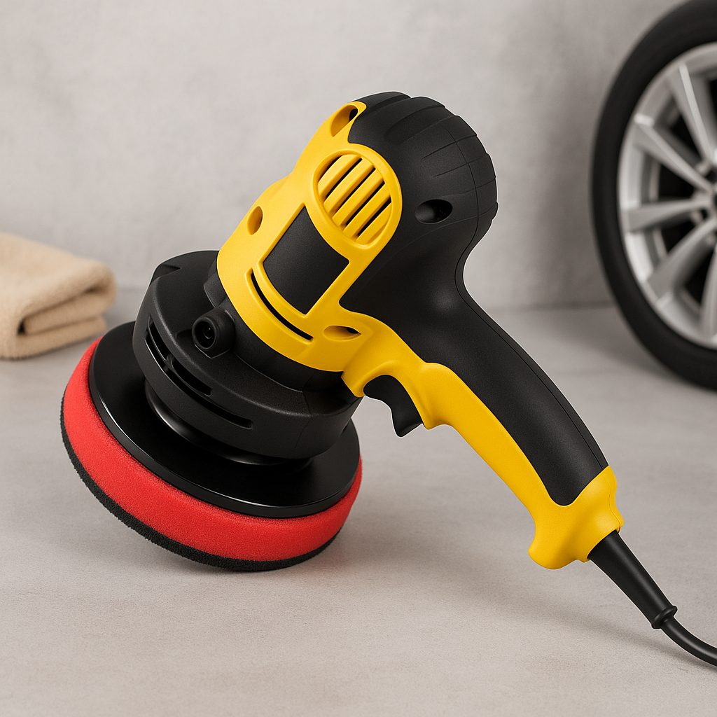 Yellow and black electric car polisher tool with a red foam pad for automotive surface polishing
