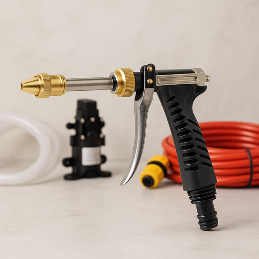 High-pressure car wash spray gun with black and gold textured grip handle and metallic finish trigger mechanism