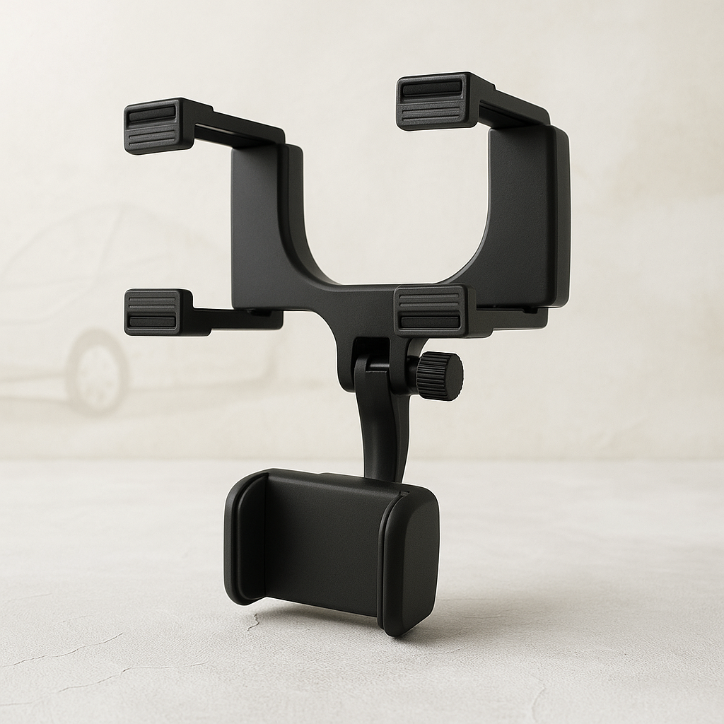 Black plastic 360° rearview mirror phone holder with adjustable arms and central knob for secure holding
