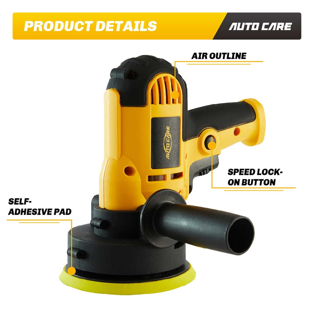 Yellow and black electric car polisher tool orbital sander with self-adhesive pad for auto care detailing