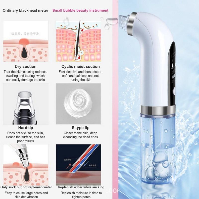 Electric blackhead vacuum remover handheld facial cleansing device in white and silver with transparent water reservoir