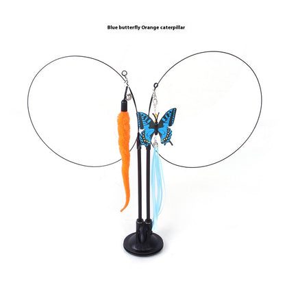 Cat sucker teaser toy featuring a blue butterfly and orange caterpillar cat toy with feather and tassel attachments