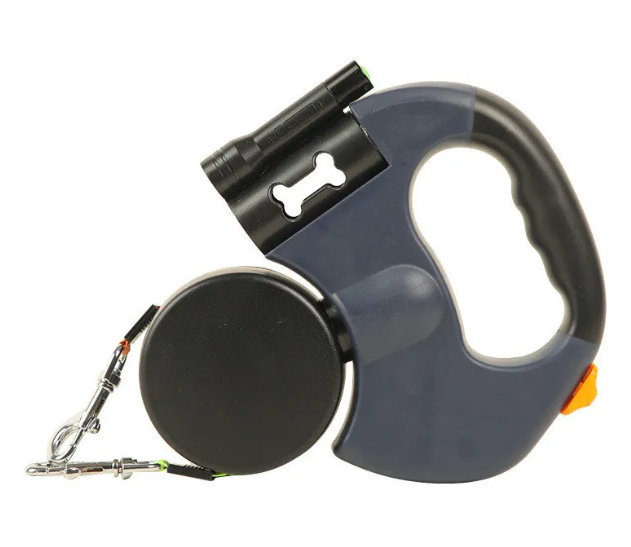 Auto double dog leash dark gray and black retractable leash with built-in flashlight ergonomic handle and bone-shaped cutout