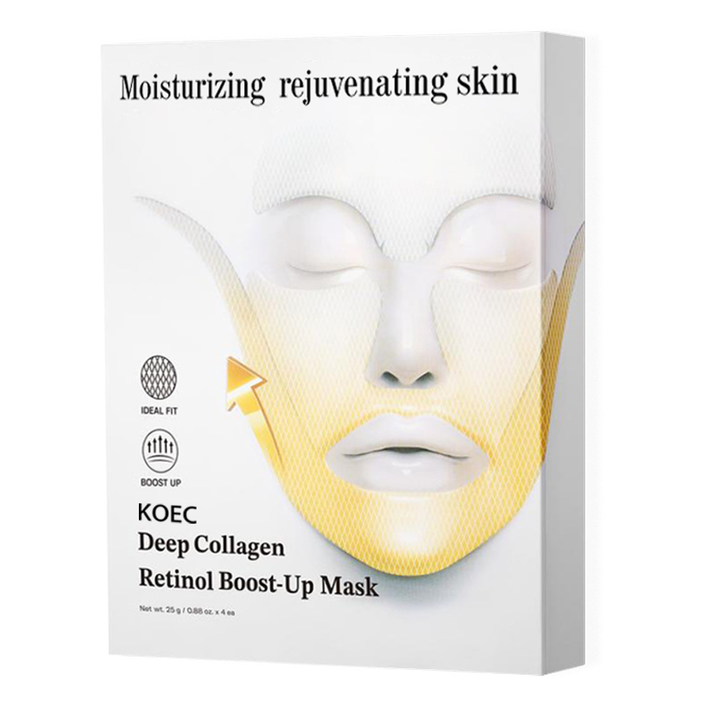 White box packaging for Koec deep collagen retinol boost-up mask with golden face mask illustration and black text