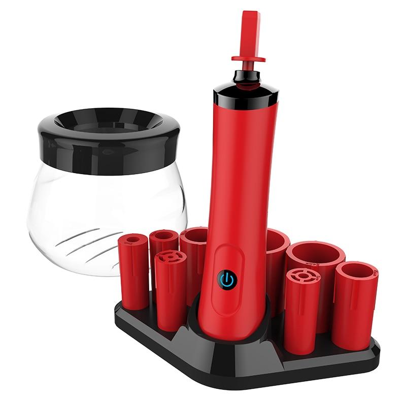 Red electric makeup brush cleaner and dryer with black accents and clear jar on stand for quick brush cleaning