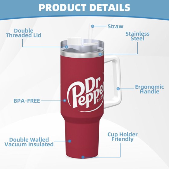 Dr Pepper 40oz Insulated Tumbler with Handle & Straw | Stainless Steel Travel Cup