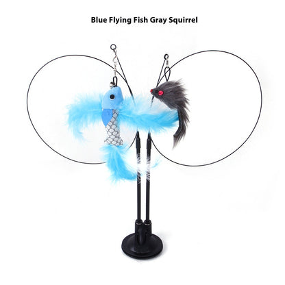 Cat sucker teaser toy with blue flying fish body featuring silver mesh and gray squirrel fuzzy head with red eyes