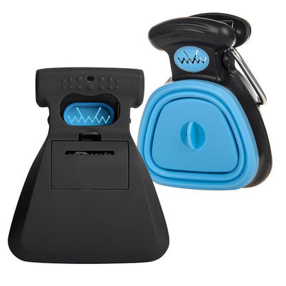 Black and blue collapsible dog waste poop picker tool with clip-on handle for convenient pet waste disposal
