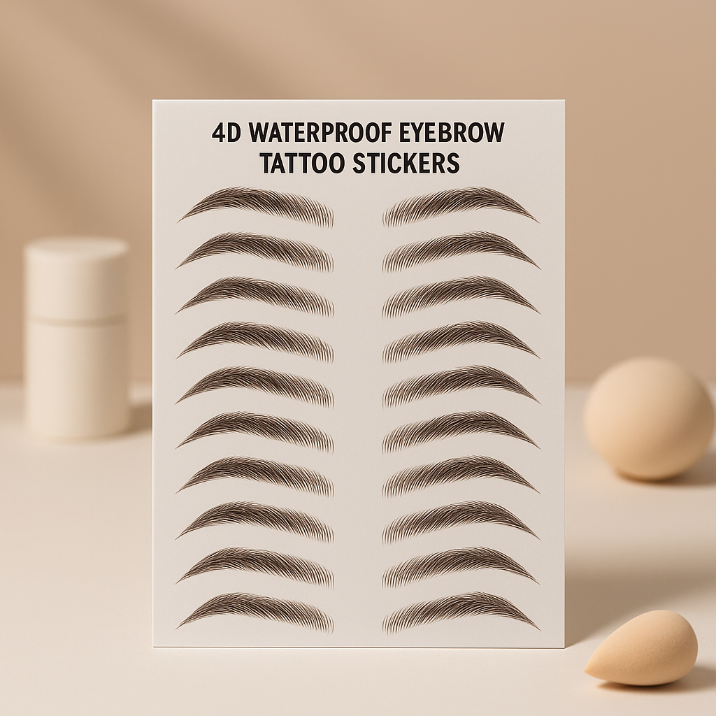 A sheet of 4d waterproof eyebrow tattoo stickers with realistic dark brown faux-brow designs on white backing