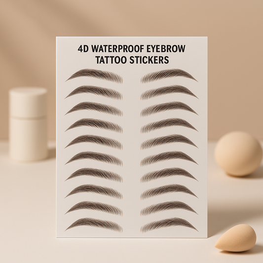 A sheet of 4d waterproof eyebrow tattoo stickers with realistic dark brown faux-brow designs on white backing