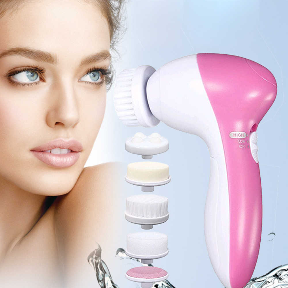 Pink and white 5 in 1 electric facial cleansing brush set with interchangeable heads for deep skin cleaning