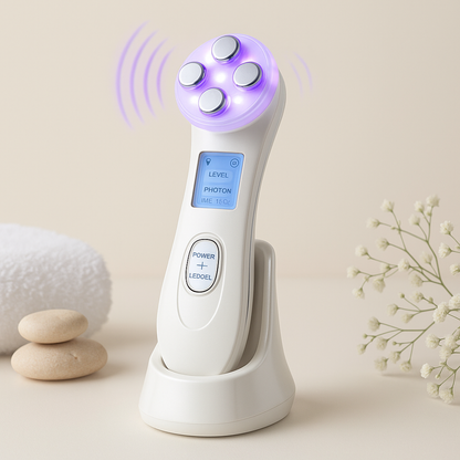 White ledoel 5-in-1 face massager device with five glowing purple treatment heads and digital display for facial care