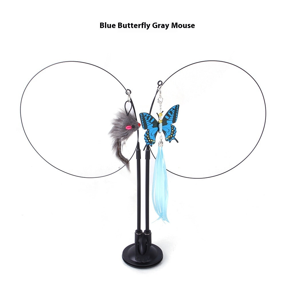 Blue butterfly and gray mouse cat sucker teaser toy set with feathered wings and dangling tassels for cats