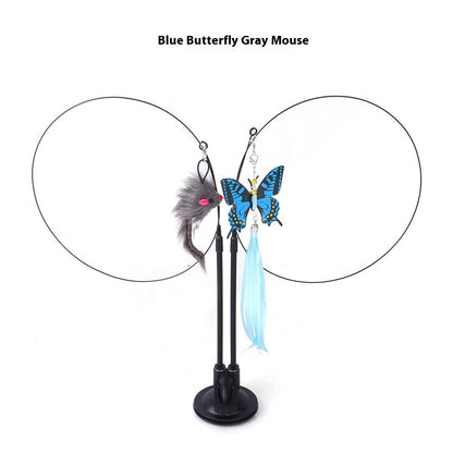 Blue butterfly and gray mouse cat sucker teaser toy set with feathered wings and dangling tassels for cats