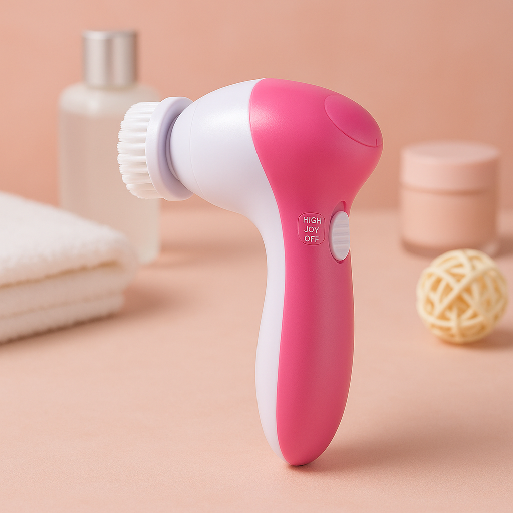 Pink and white 5 in 1 electric facial cleansing brush set with soft bristle head for gentle deep skin cleansing