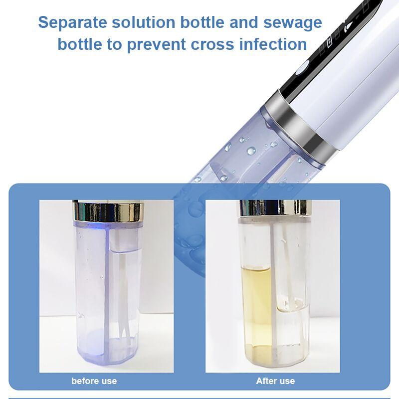 White and silver electric blackhead vacuum remover with transparent solution bottle for hygienic facial cleansing use
