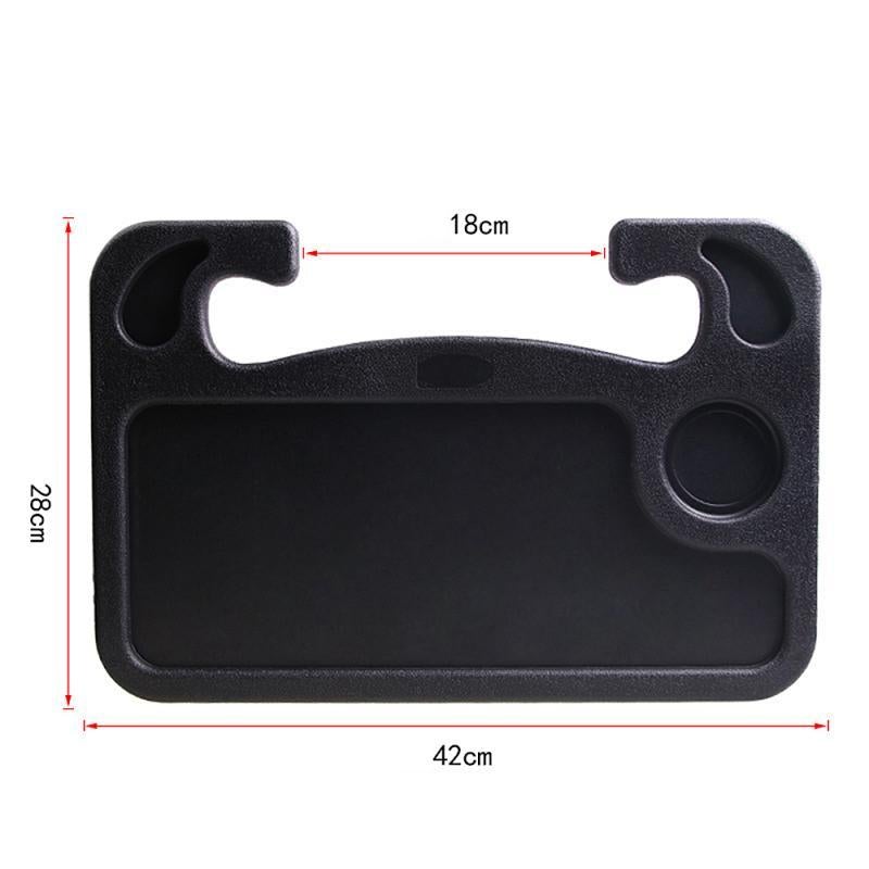 Black plastic universal portable car steering wheel tray with integrated cup holders and central flat surface