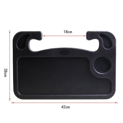 Black plastic universal portable car steering wheel tray with integrated cup holders and central flat surface