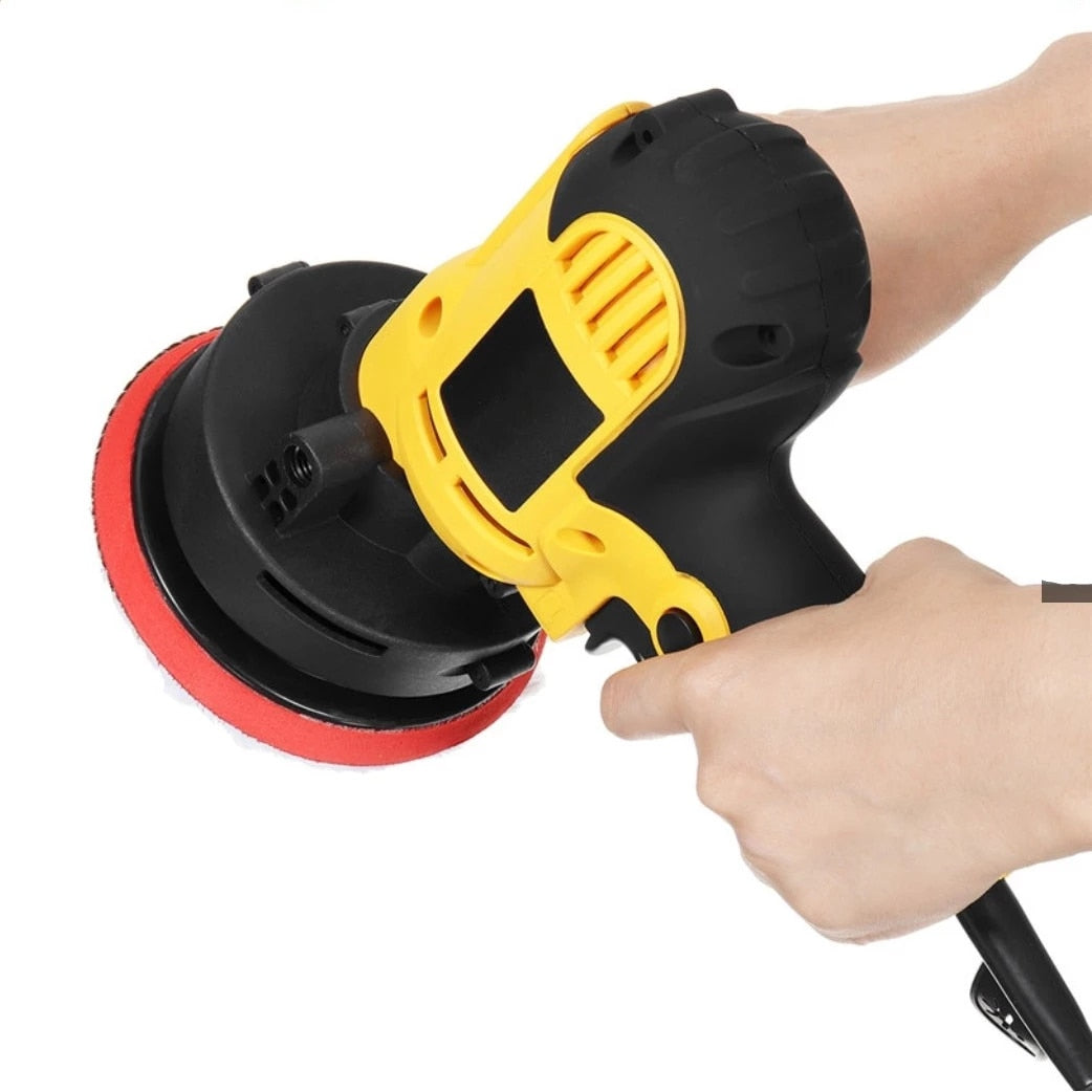 Yellow and black cordless orbital sander with red polishing pad designed as an electric car polisher tool