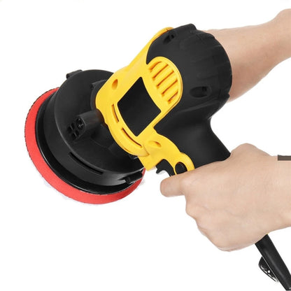 Yellow and black cordless orbital sander with red polishing pad designed as an electric car polisher tool