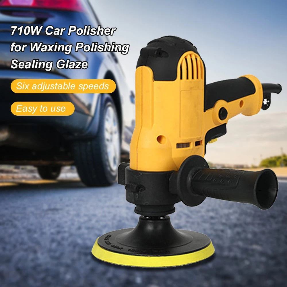 Electric car polisher tool in yellow and black with 710w motor and six adjustable speeds for waxing polishing and sealing glaze