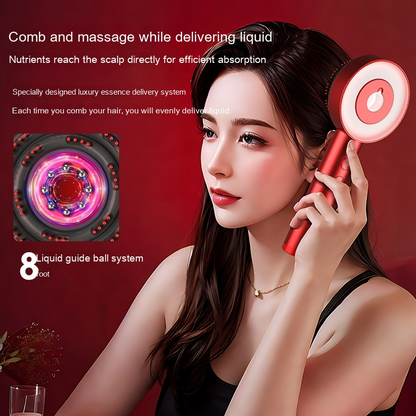 Comb scalp massager with red and white comb, circular head with led lights, and 8-foot liquid guide ball system