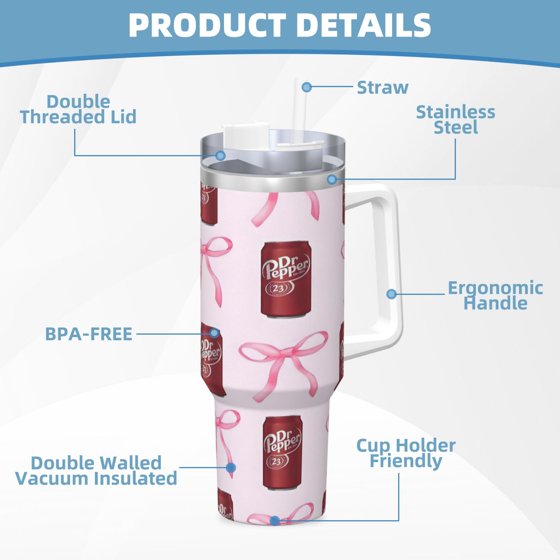 Dr Pepper 40oz Insulated Tumbler with Handle & Straw | Stainless Steel Travel Cup