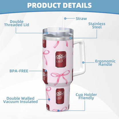 Dr Pepper 40oz Insulated Tumbler with Handle & Straw | Stainless Steel Travel Cup