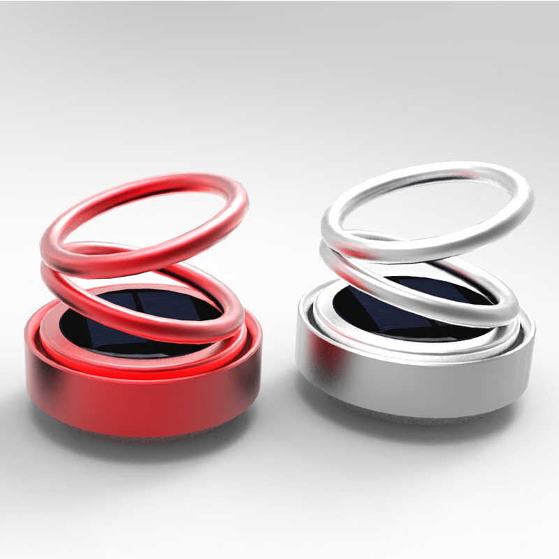 Red and silver spring-loaded auto rotation car air freshener with double ring and solar panels for vehicle use