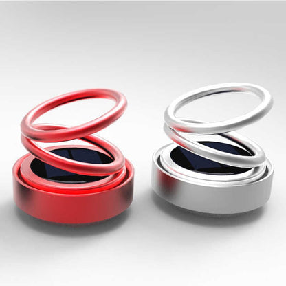 Red and silver spring-loaded auto rotation car air freshener with double ring and solar panels for vehicle use