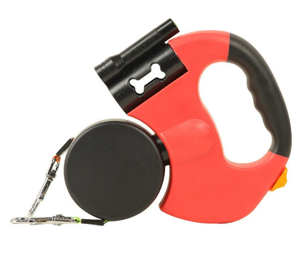 Red and black retractable auto double dog leash with integrated flashlight and bone-shaped cutout handle for walking dogs