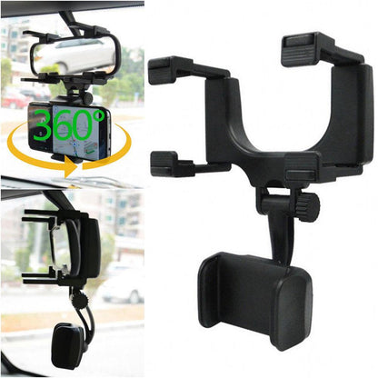 Black plastic 360° rearview mirror phone holder with adjustable clamp and full rotation for car use