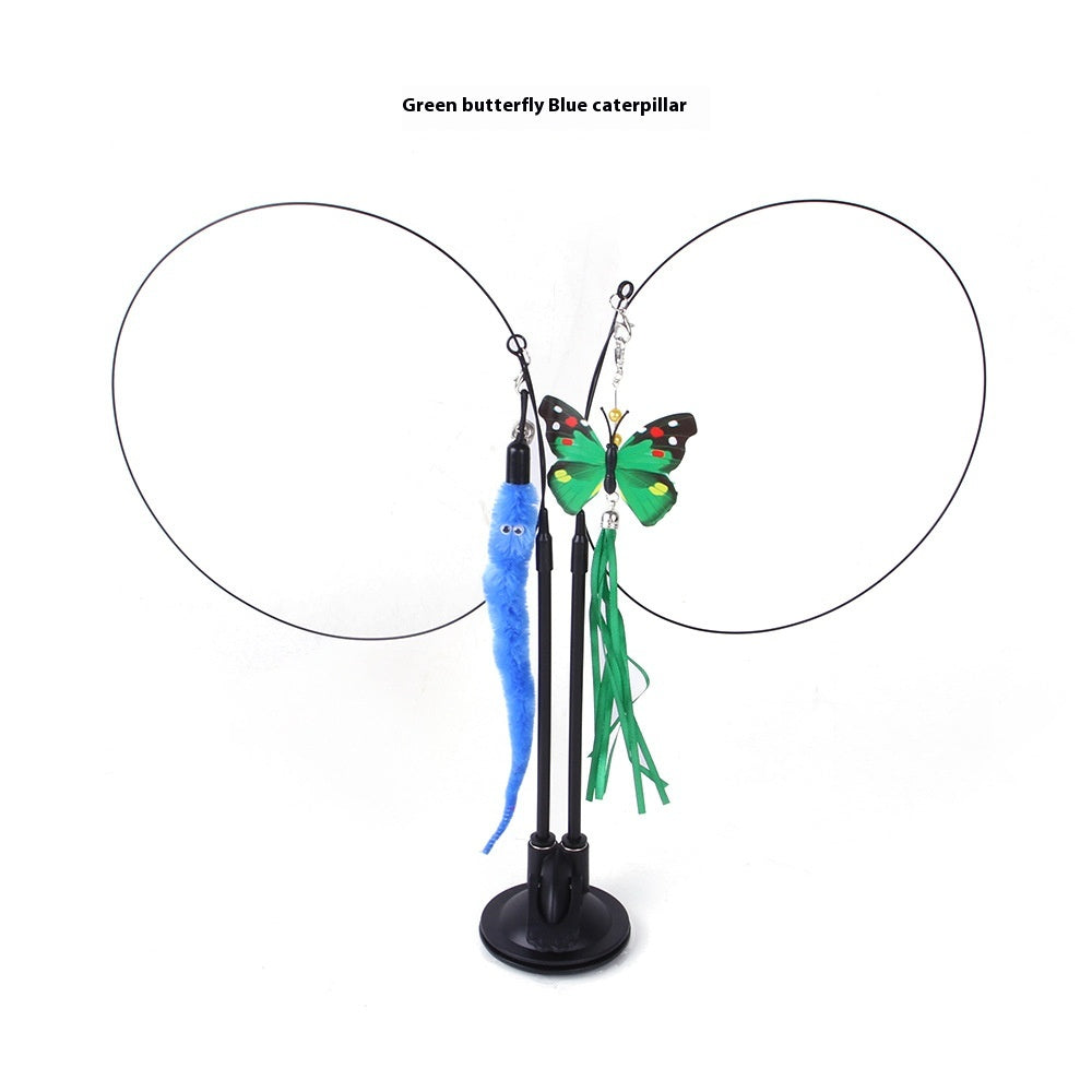 Green butterfly and blue caterpillar feathered tail cat sucker teaser toy on black stand for interactive play