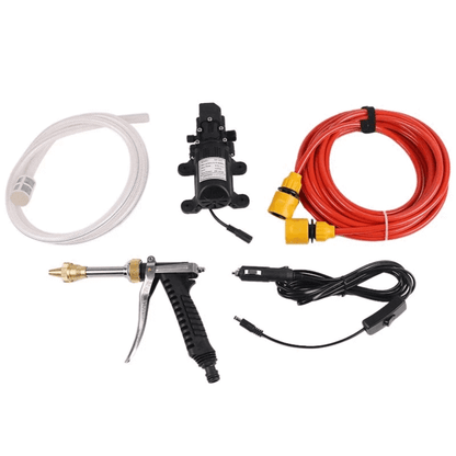High-pressure car wash spray gun kit with black and yellow power washer, red hose, clear spray nozzle tube, and metal trigger gun