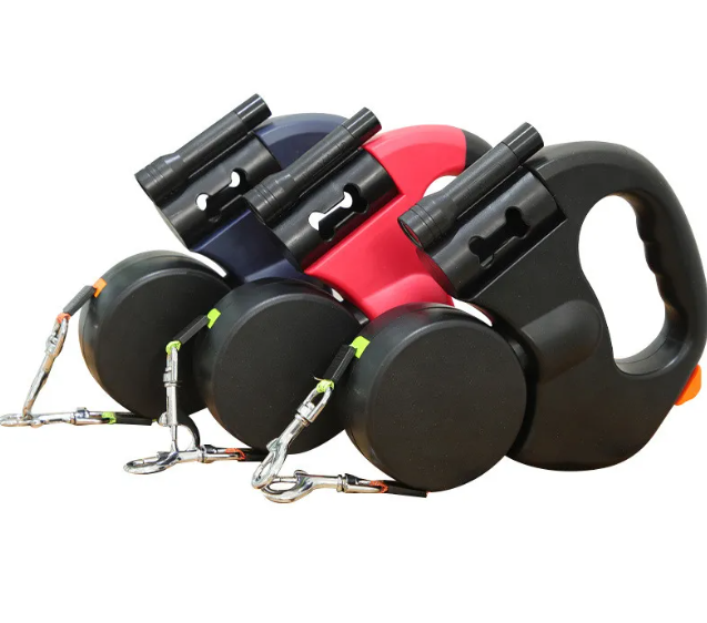 Set of three auto double dog leashes in navy red and black with durable plastic handles and metal clasps