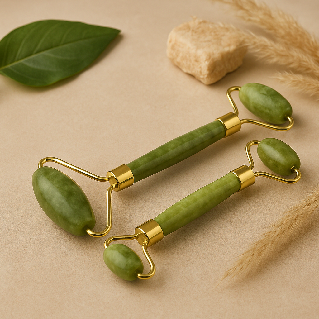 Two jade green roller face massagers with gold toned metal handles and joints for facial massage care