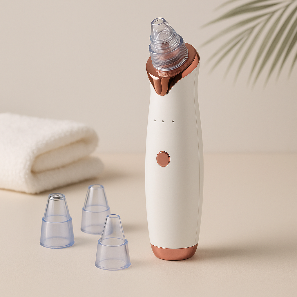 Electric blackhead remover vacuum in sleek white and rose gold with clear tip and three blue translucent attachments