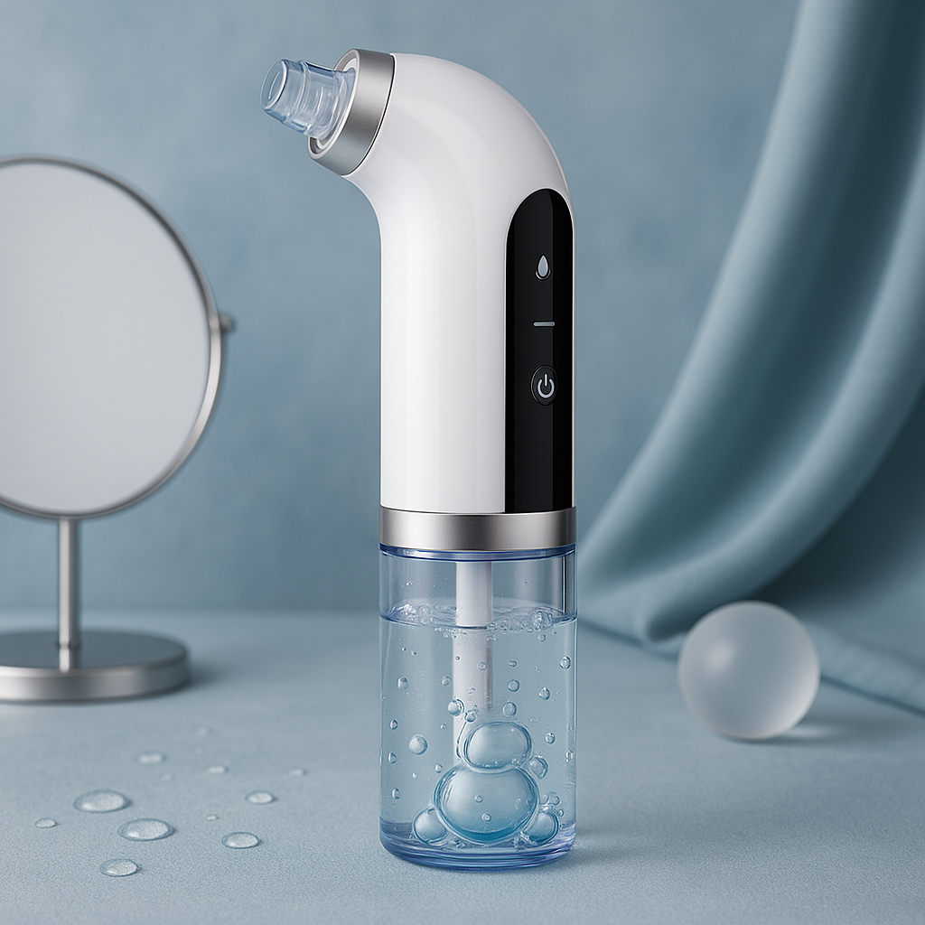 White and black electric blackhead vacuum remover with clear glass reservoir and silver nozzle and base accents