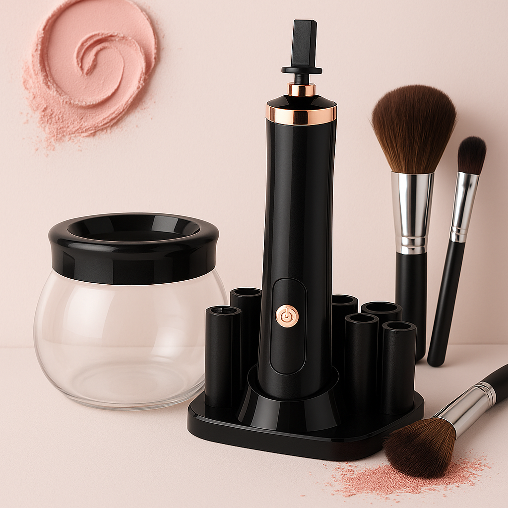 Black electric makeup brush cleaner and dryer with rose gold accents and side power button for easy cleaning and drying
